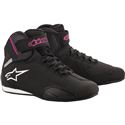 Black and fuchsia Alpinestars Stella Sektor ladies' motorcycle shoes, featuring a high-top design, lace-up front, and signature logo on the side, size 39 (UK 5.5).