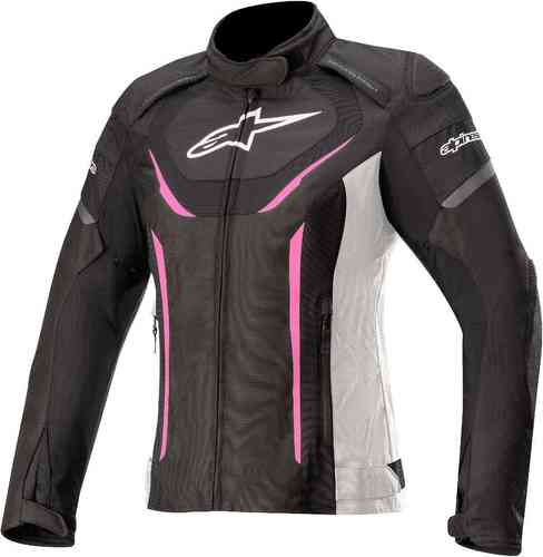 Black and white motorcycle jacket with fuchsia accents, featuring a zip closure, padded shoulders, and mesh panels for ventilation, designed for ladies by Alpinestars.