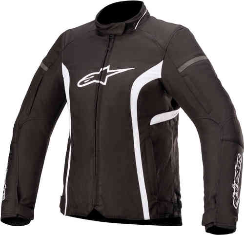 Black and white Alpinestars Stella T-Kira V2 ladies motorcycle jacket featuring a sleek design, zip front, and prominent logo on the chest and sleeves.