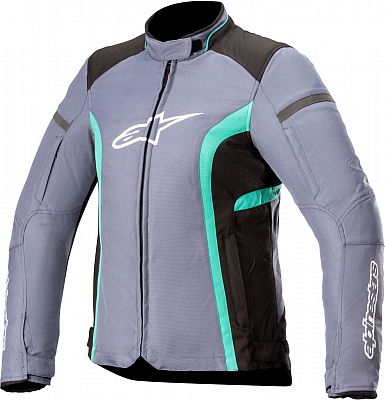 Black and grey waterproof motorcycle textile jacket for women, featuring a sleek design with turquoise accents, protective padding, and a zippered front closure, size S.