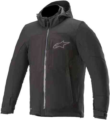 Black Alpinestars Stratos V2 Techshell Drystar motorcycle jacket in size 3XL, featuring a zippered front, adjustable hood, and reflective logo on the chest.