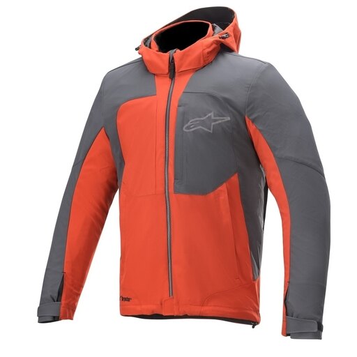 Red and gray Alpinestars Stratos V2 Techshell Drystar motorcycle jacket featuring a hood, zippered front, and logo detail on the chest.