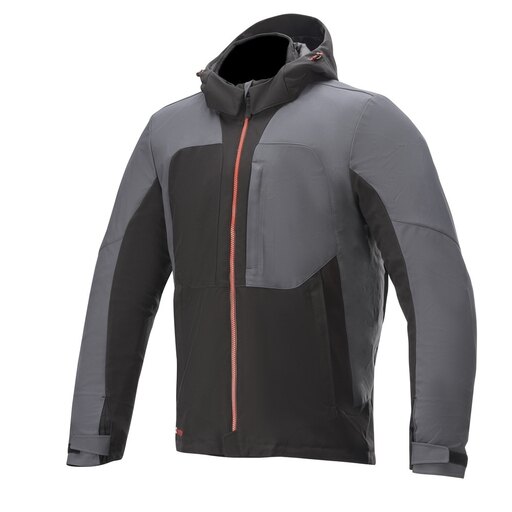 Black and gray motorcycle jacket with a hood, featuring a waterproof Drystar material, zippered front, and red accents on the zippers and logo.