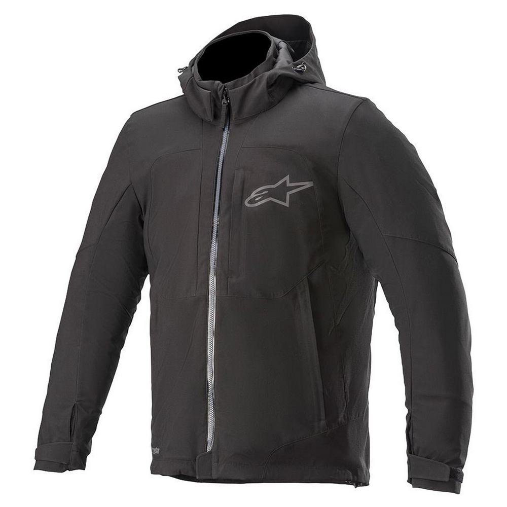 Black Alpinestars Stratos V2 Techshell Drystar Motorcycle Jacket in XXL, featuring a hood, zippered front, and logo on the chest, designed for durability and weather resistance.