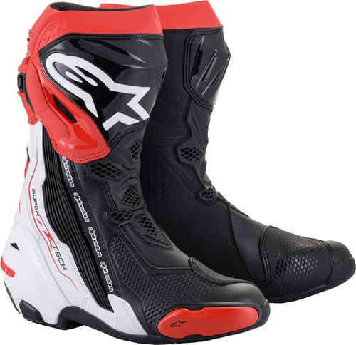 Alpinestars Supertech R motorcycle boots in black, white, and red, featuring a sleek design, high-top construction, and reinforced toe and heel for protection, size UK 14.