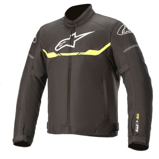 Black and yellow fluo Alpinestars T-SPS waterproof motorcycle jacket in 4XL, featuring a sleek design, high-visibility accents, and protective padding.