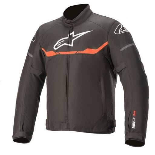 Waterproof motorcycle jacket in black with red fluo accents, featuring a sleek design, Alpinestars logo, and protective padding, available in size 5XL.