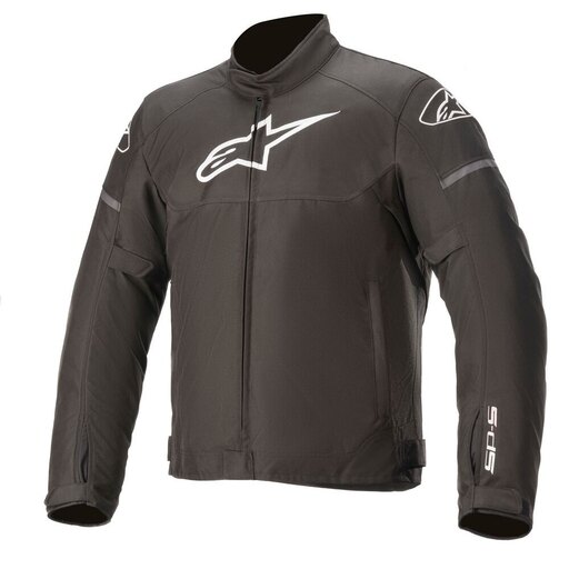 Black Alpinestars T-SPS waterproof motorcycle jacket in size 5XL, featuring a sleek design, reflective detailing, and a prominent logo on the shoulder.