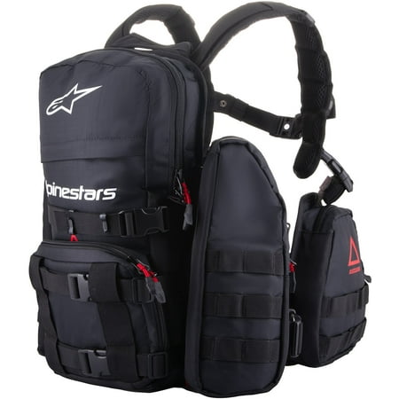 Black Alpinestars Techdura Tactical Backpack featuring multiple compartments, adjustable straps, and red accents, designed for durability and functionality.