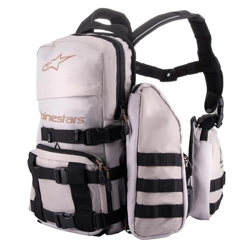 Gray Alpinestars Techdura Tactical Backpack featuring multiple adjustable straps, zippered compartments, and a prominent logo, designed for durability and functionality.