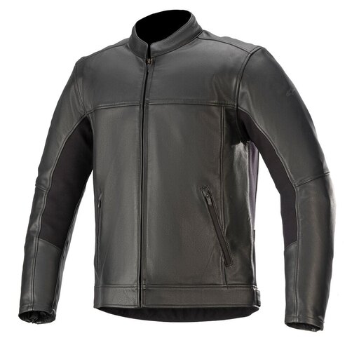 Black leather motorcycle jacket in 3XL size, featuring a sleek design, high collar, zippered front, and side pockets, ideal for riders seeking style and protection.