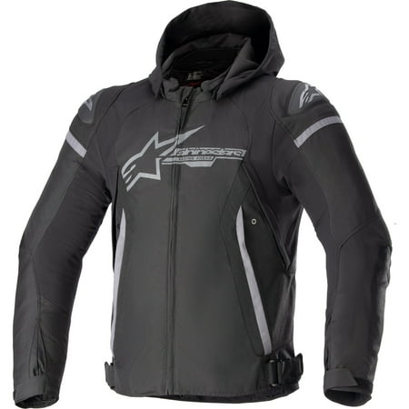 Black and dark grey Alpinestars Zaca textile jacket featuring a waterproof design, a hood, reflective detailing, and a size of 4XL.