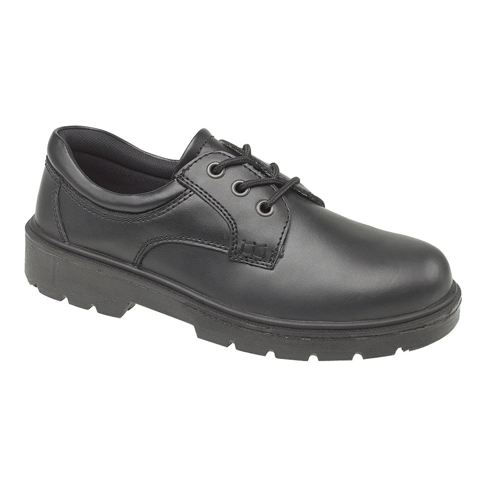 Black lace-up safety shoe made of metal-free composite material, featuring a sturdy rubber sole and a classic design, available in size 4.