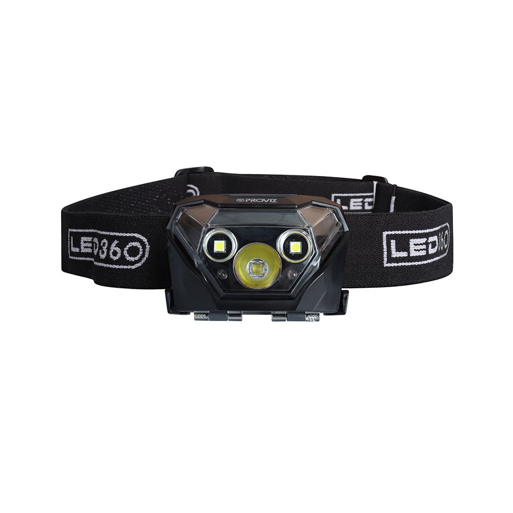 Black adjustable headlamp with a sturdy strap, featuring three bright LED lights (two small, one large) for 500 lumens of illumination, designed for running and outdoor activities.