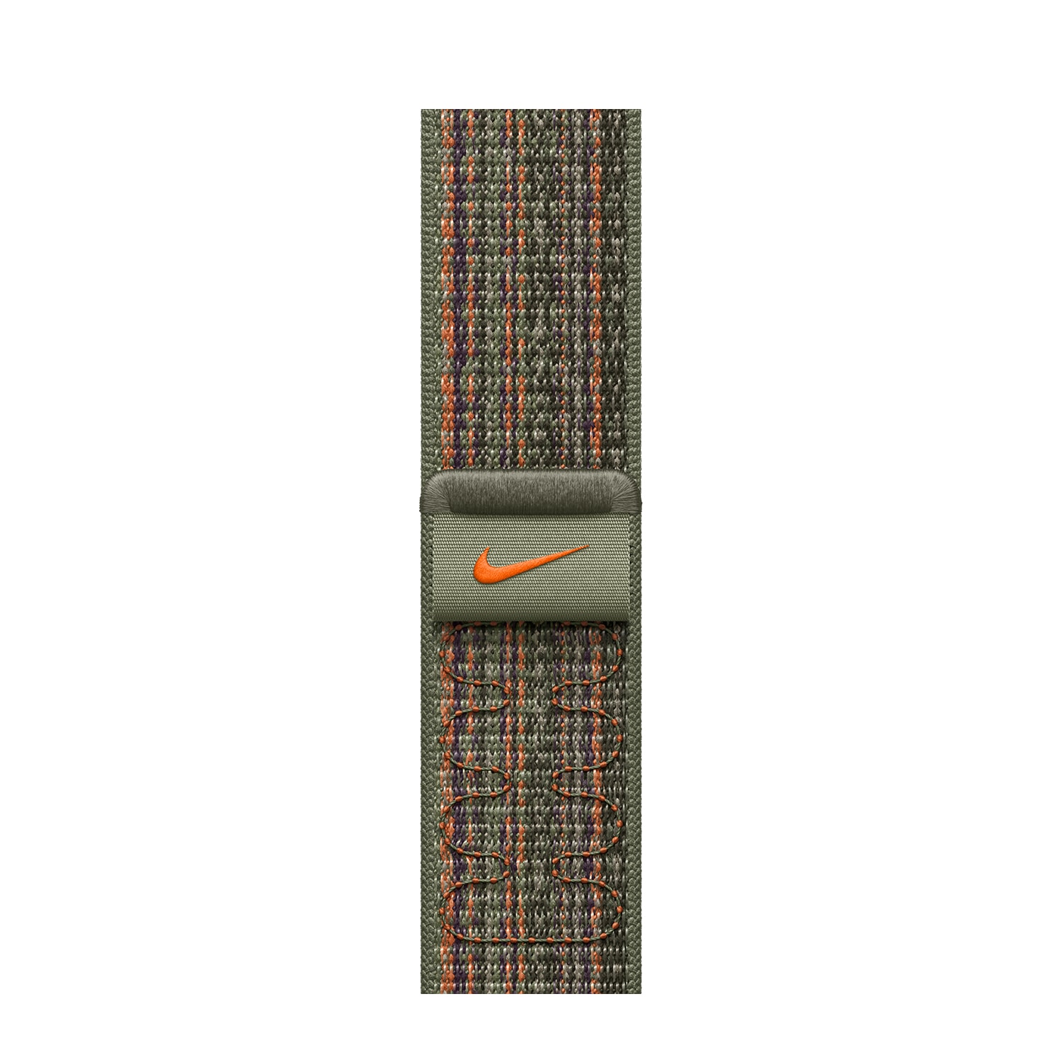 41mm Nike Sport Loop in Sequoia green with orange accents, featuring a textured fabric design and a secure closure with the Nike logo.