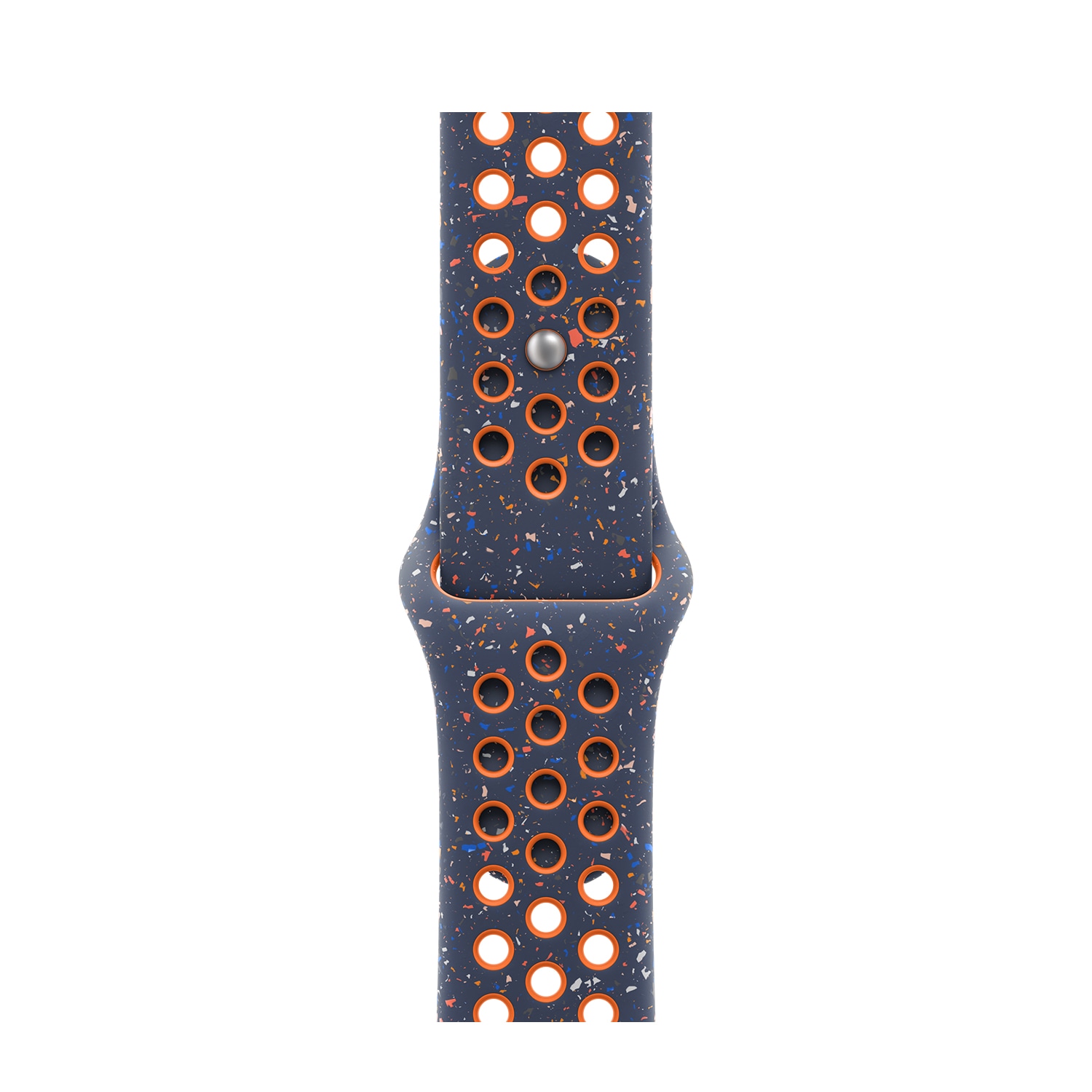Blue Flame Nike Sport Band for Apple Watch, 45mm, featuring a breathable design with multiple holes, orange accents, and a soft, durable silicone material.