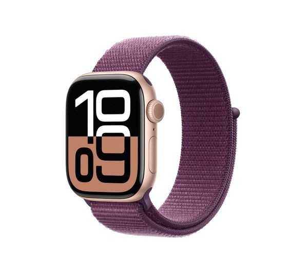 Apple Watch Series 10 in gold with a purple Sport Loop band, featuring a rectangular display showing the time in a bold, modern font.