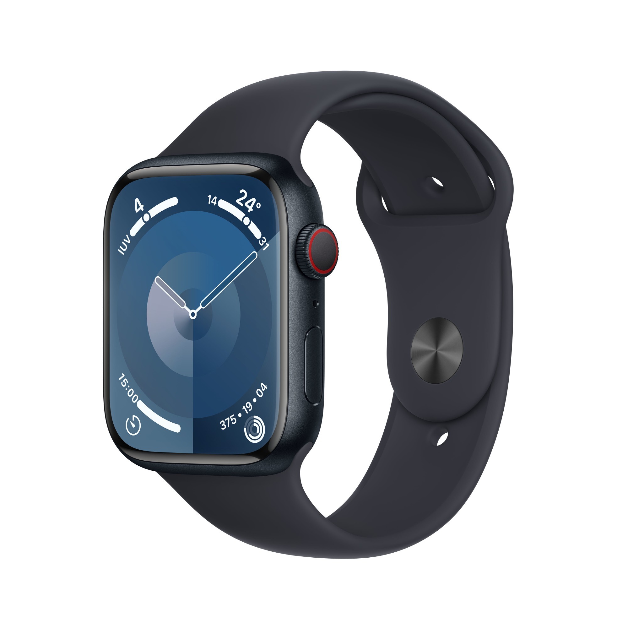 Apple Watch Series 9 in black with a sleek touchscreen display, featuring a round digital face, red crown, and a dark silicone band.