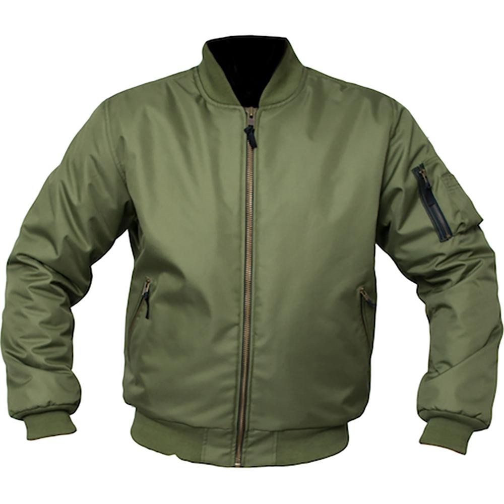 Olive green bomber jacket made of aramid material, featuring a front zipper, side pockets, and a zippered sleeve pocket for added functionality.