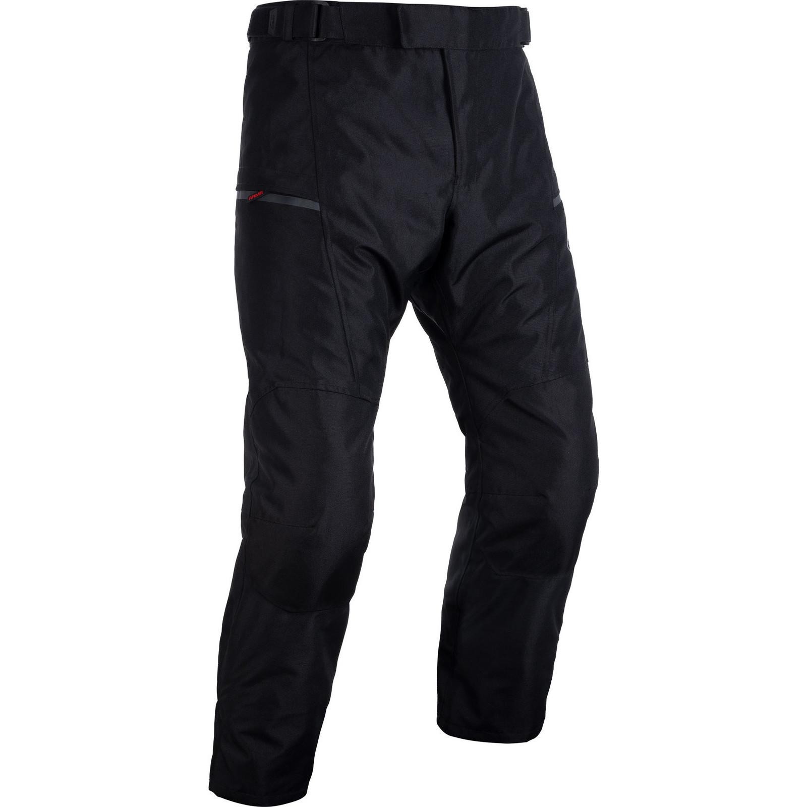 Black waterproof motorcycle trousers made from durable material, featuring a sleek design, adjustable waist, and reflective detailing for visibility.