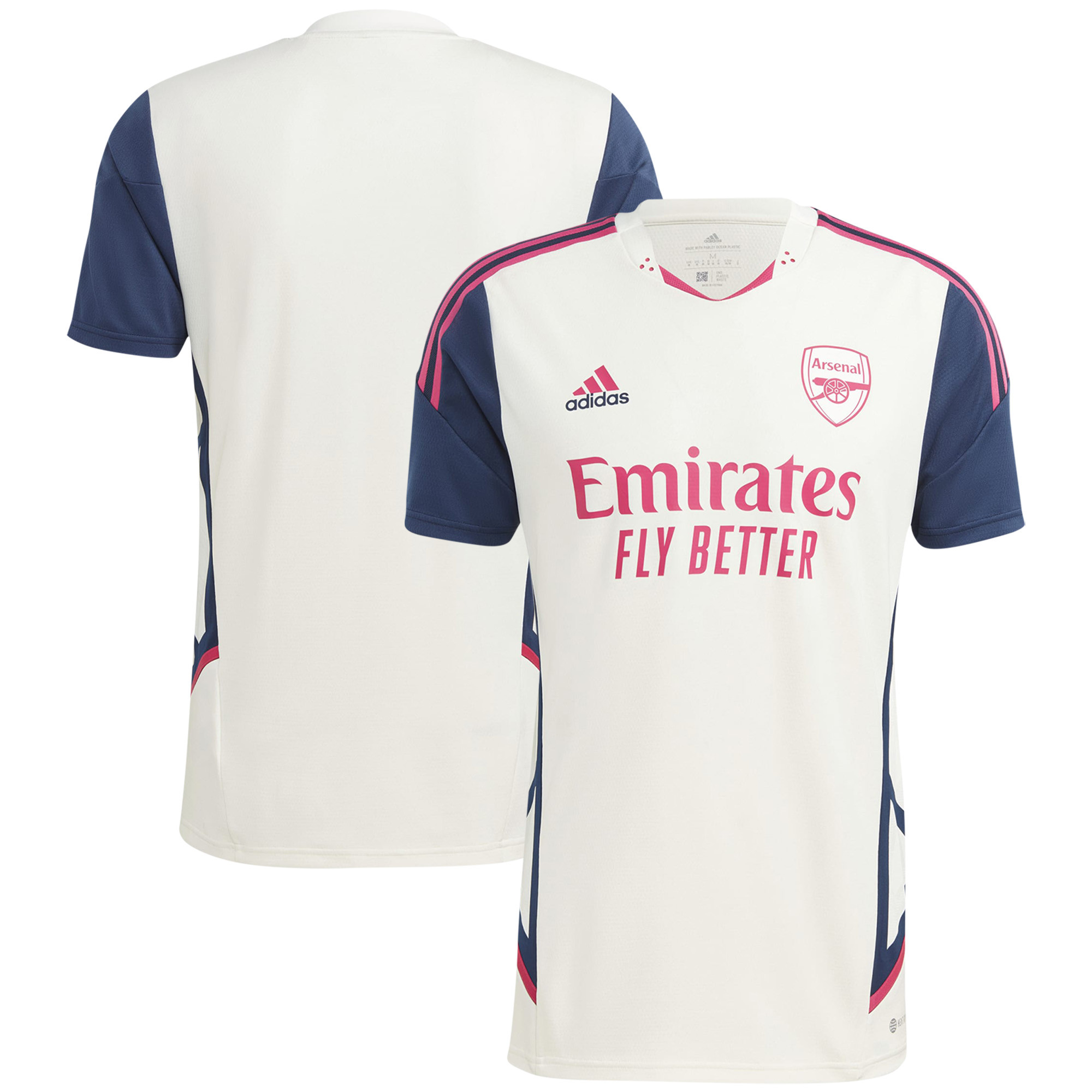 White Arsenal Pro Training Jersey featuring navy blue sleeves, pink accents, and "Emirates Fly Better" logo, made from lightweight, breathable material.