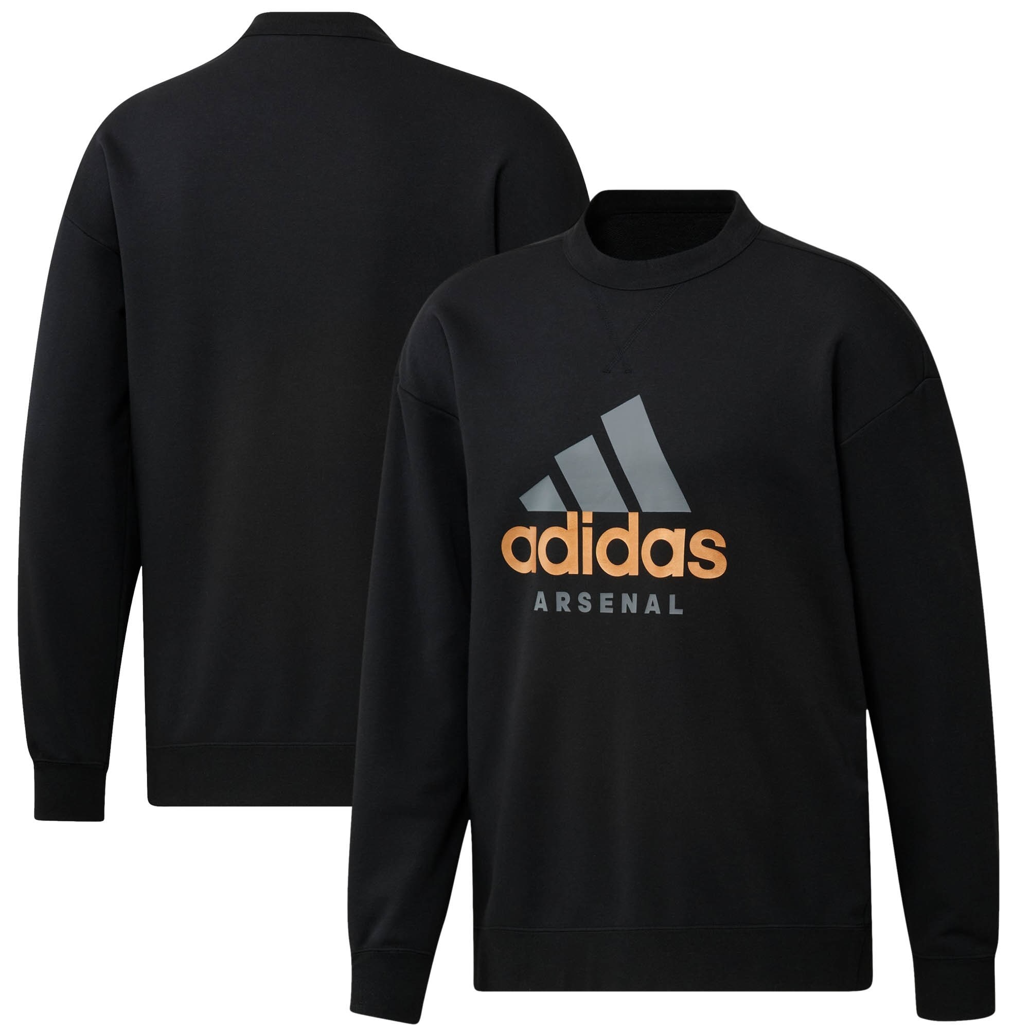 Black Arsenal DNA Graphic Sweater featuring a round neck, long sleeves, and a prominent orange Adidas logo with "Arsenal" underneath on the front.
