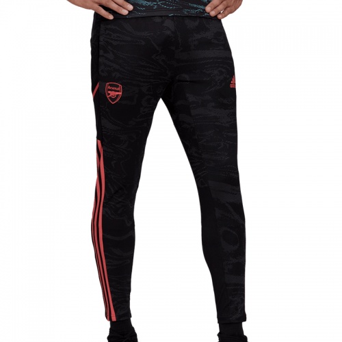 Black Arsenal European training pants featuring a subtle pattern, pink accents, and the Arsenal crest on the left thigh, designed for comfort and performance.