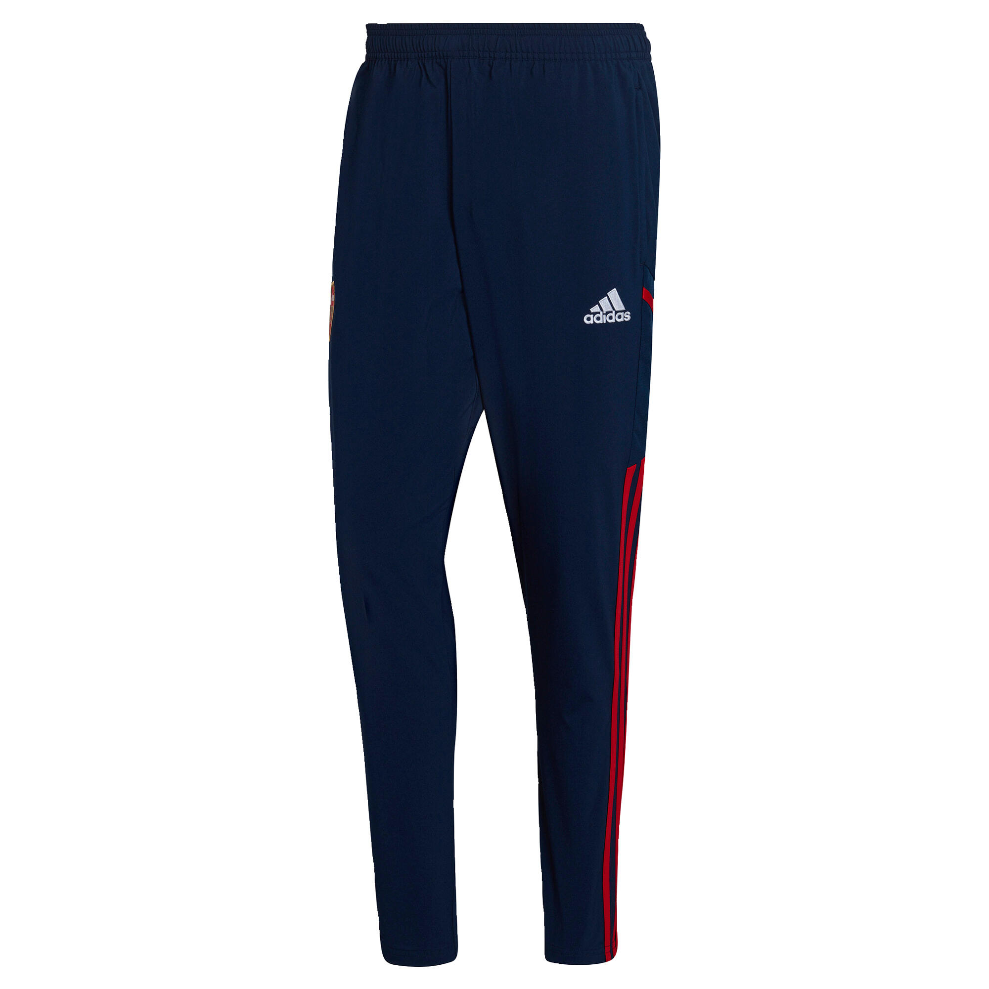Navy blue presentation pants featuring an elastic waistband, red side stripes, and the Arsenal and Adidas logos on the front.