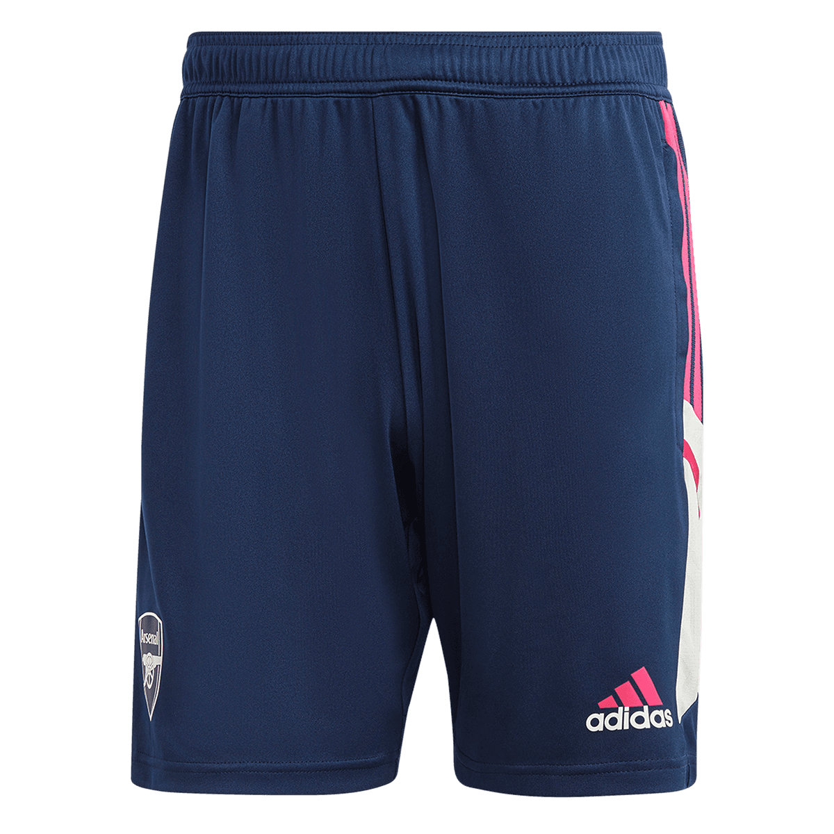 Blue and white Adidas FC Arsenal training shorts featuring the club logo on the left leg and pink accents on the sides, made from lightweight, breathable material.