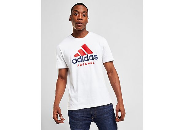 White cotton t-shirt featuring a large red and navy Adidas logo with "Arsenal" text, short sleeves, and a classic crew neck design.