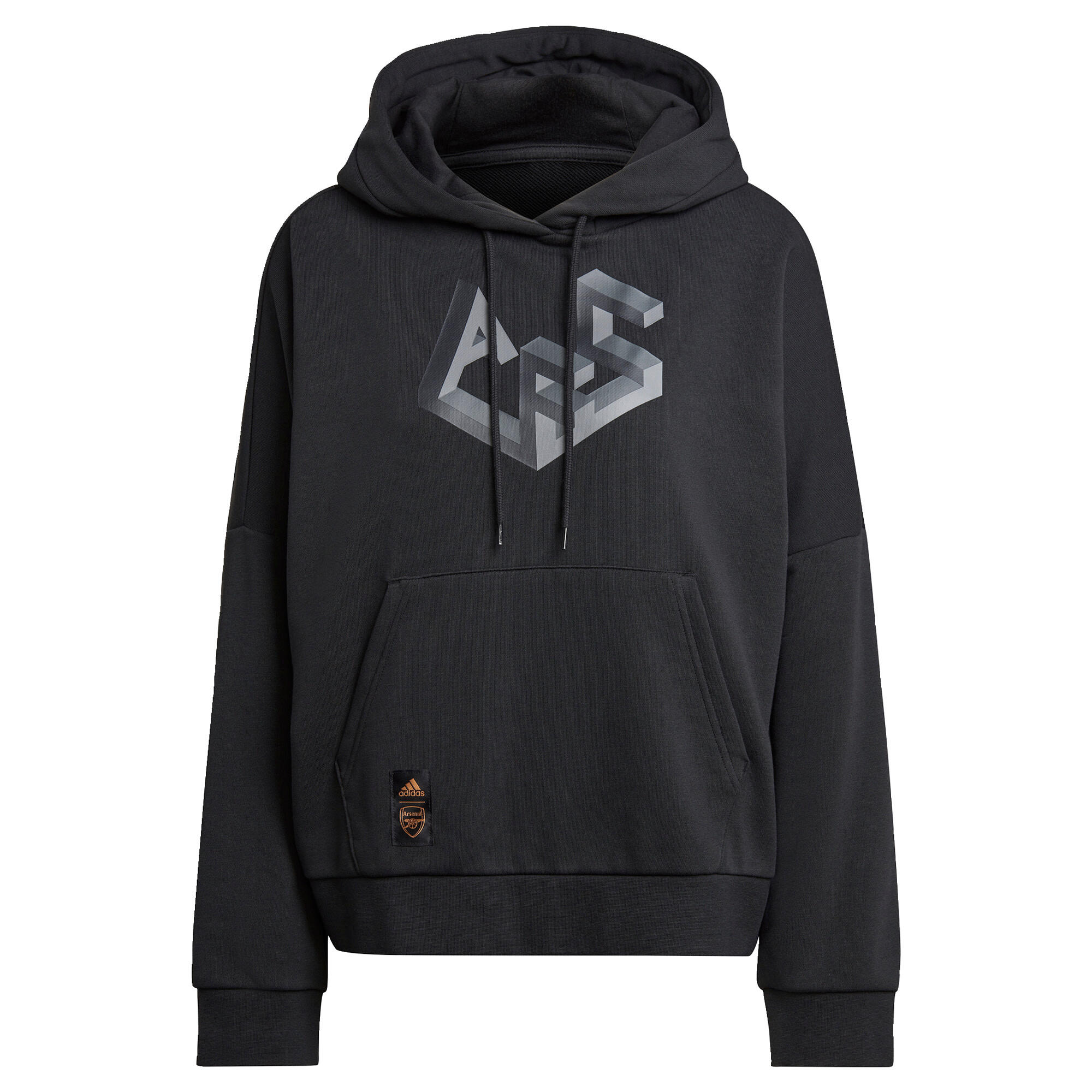 Black Adidas Arsenal DNA Graphic Hoodie for women featuring a large geometric logo on the front, a drawstring hood, and a front kangaroo pocket.