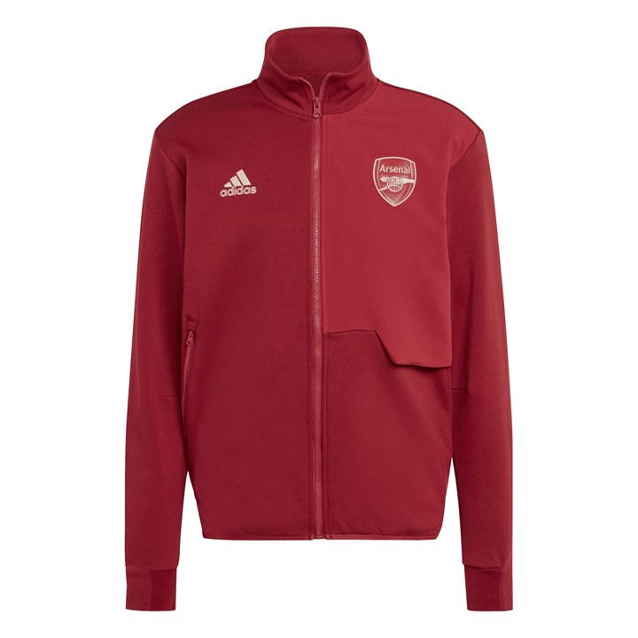 Red 2023-2024 Arsenal Anthem Jacket featuring a high collar, full zip, Adidas logo, and Arsenal crest on the chest, made from lightweight, breathable material.
