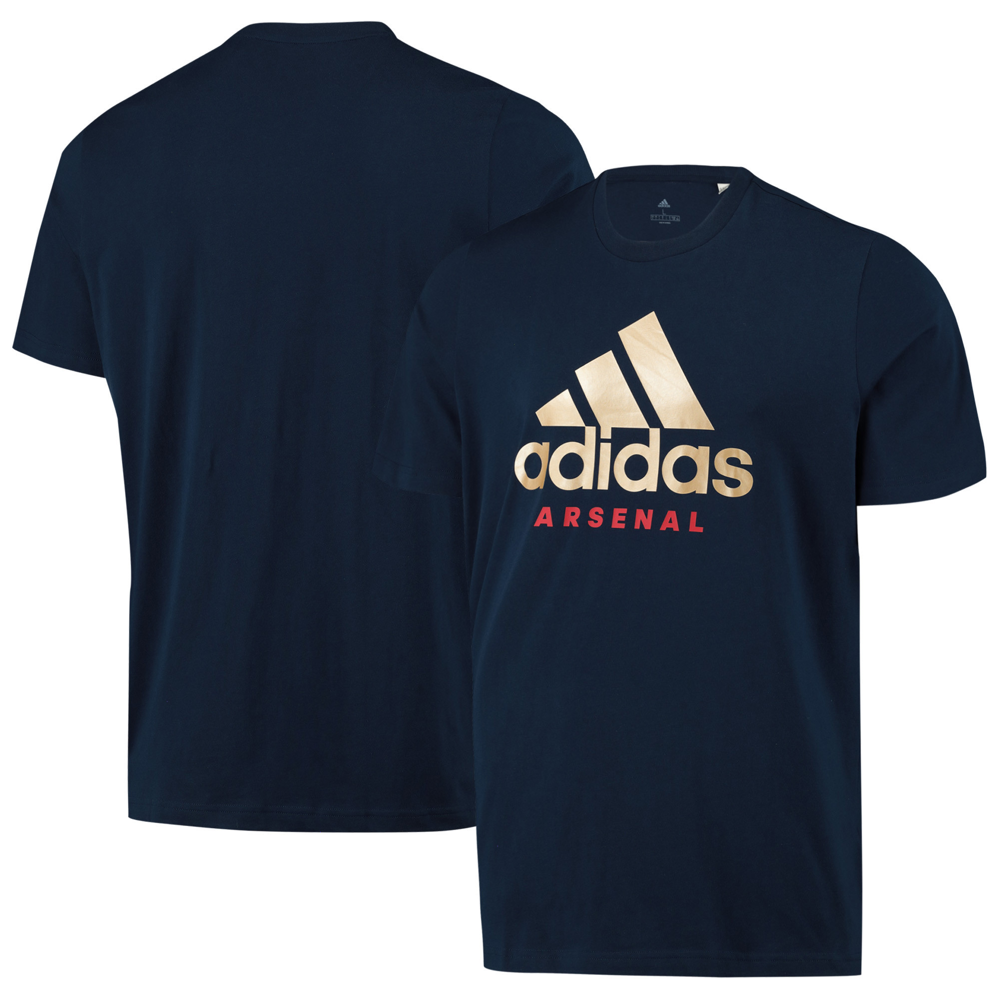 Navy blue cotton t-shirt featuring a large gold Adidas logo and red "Arsenal" text, with a classic crew neck and short sleeves.