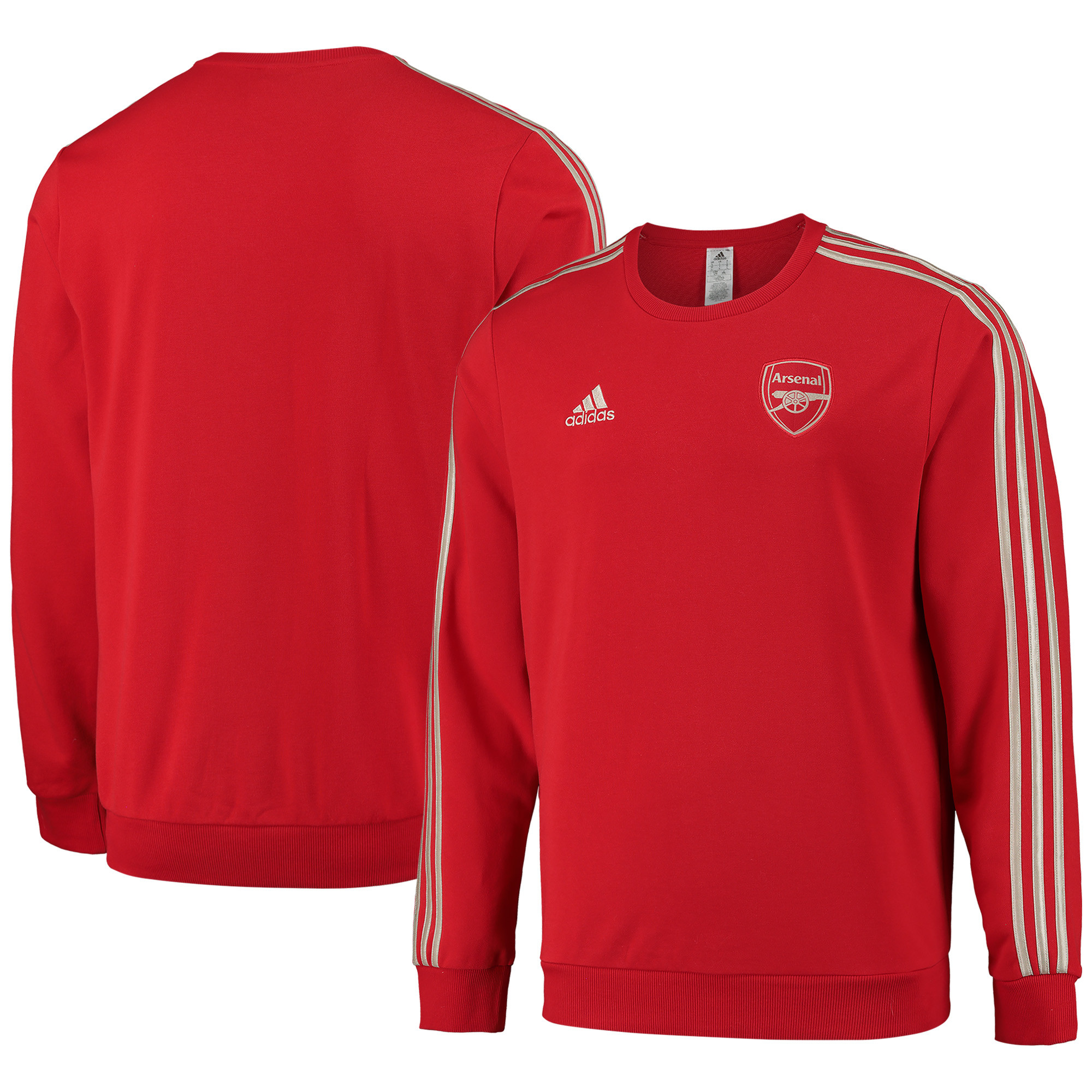 Red Arsenal Adidas DNA Graphic Sweater featuring a crew neck, long sleeves, three white stripes on each shoulder, and the Arsenal crest on the chest.