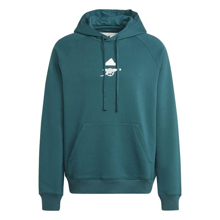 Green Adidas hoodie featuring Arsenal FC logo, a front kangaroo pocket, adjustable drawstrings, and a cozy, soft material.