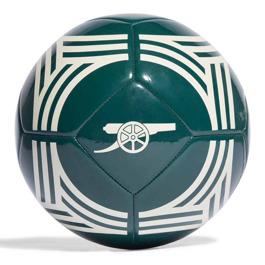 Green soccer ball featuring a white Arsenal cannon logo and geometric patterns, made of shiny synthetic material.