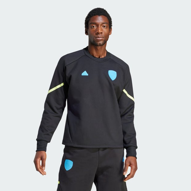 Black XXL 2023-2024 Arsenal D4GMD Sweat Top featuring a crew neck, long sleeves, blue shield logo on the chest, and neon yellow accents on the shoulders.