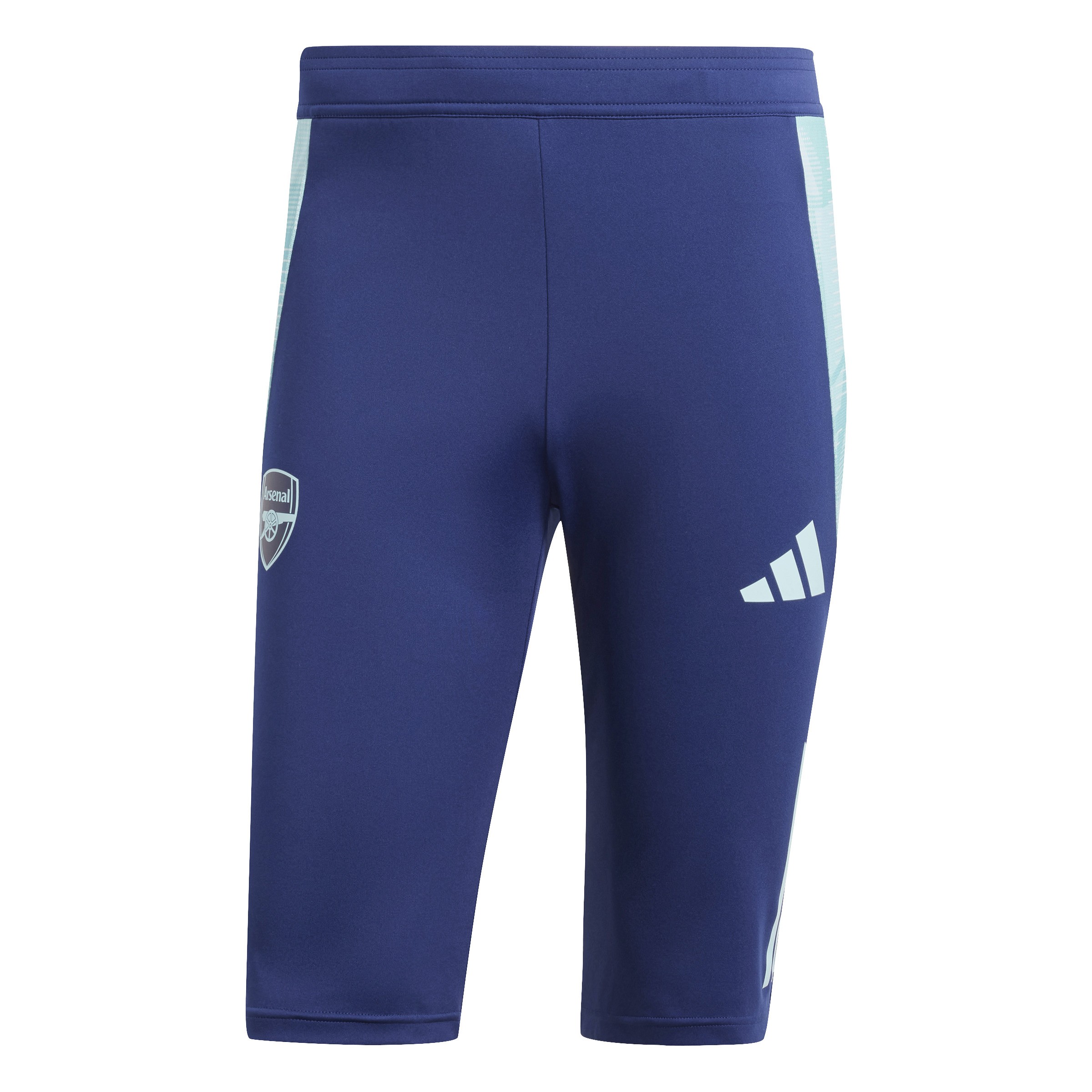 Navy training shorts with light blue side panels, featuring the Arsenal logo and Adidas stripes, made from moisture-wicking material for comfort during workouts.