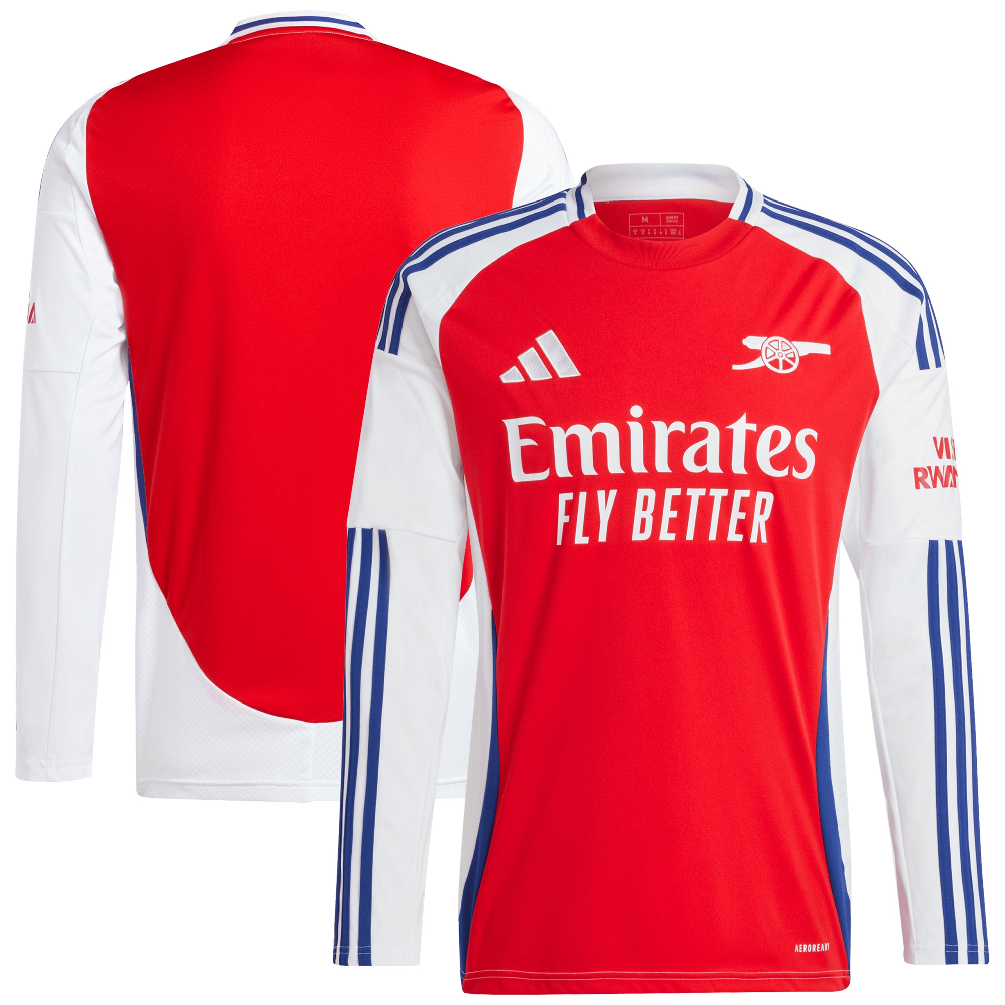 Red long-sleeved Arsenal 2024/25 home jersey featuring white sleeves, blue stripes, and "Emirates Fly Better" logo on the front. Made from breathable material.