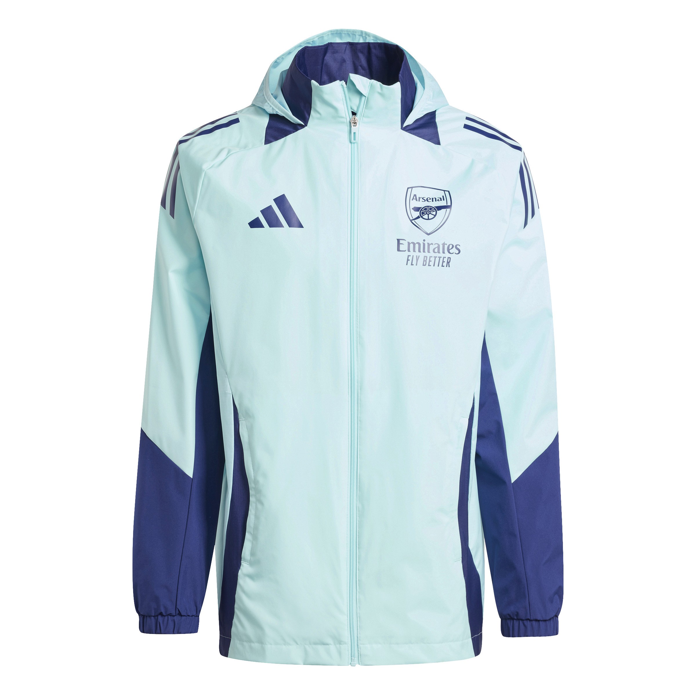 Blue and mint green Adidas Arsenal All-Weather Jacket featuring a hood, zip closure, and embroidered club logo, designed for men with breathable, lightweight material.
