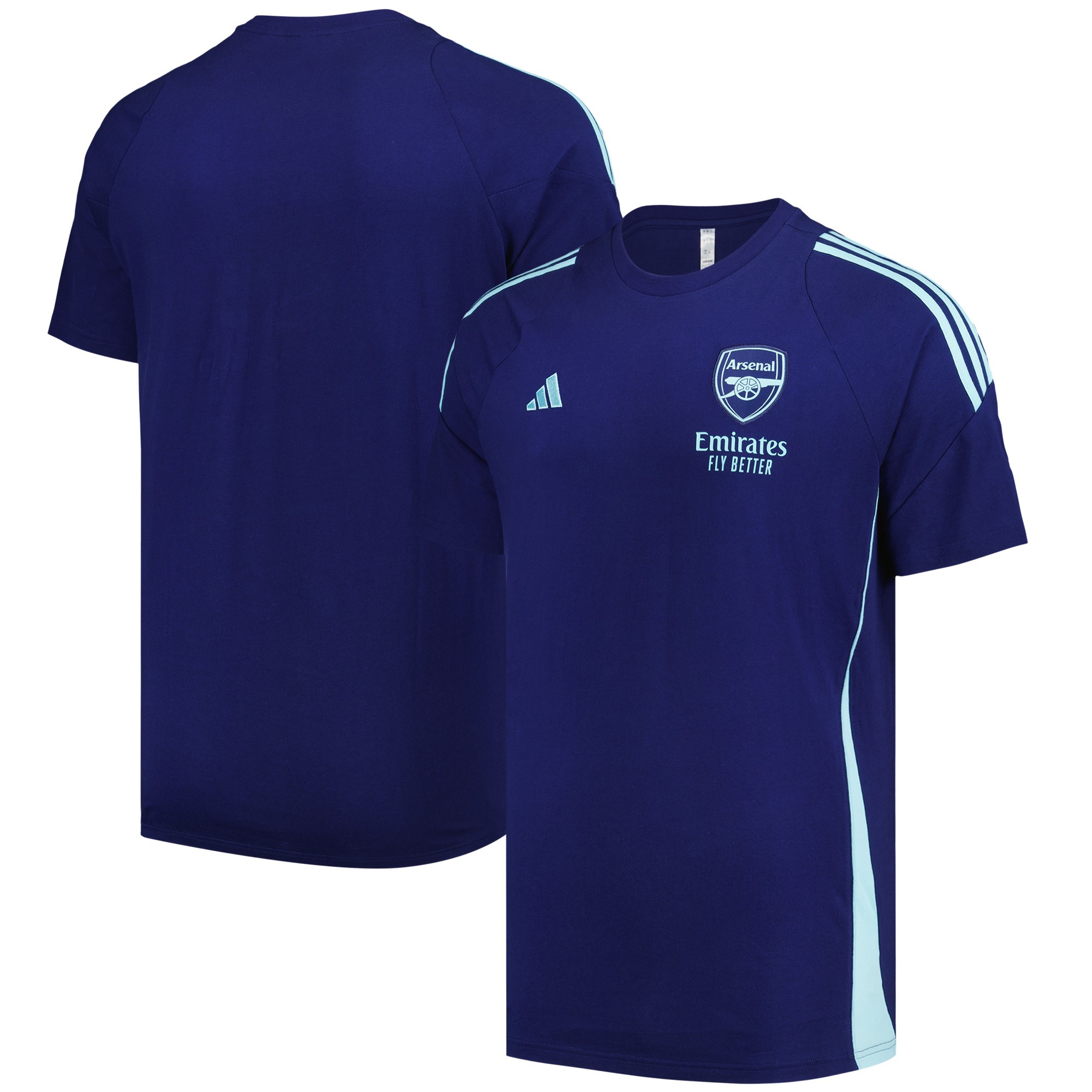 Navy blue Arsenal Adidas training t-shirt featuring light blue accents, short sleeves, and the Arsenal logo with "Emirates Fly Better" text on the front.