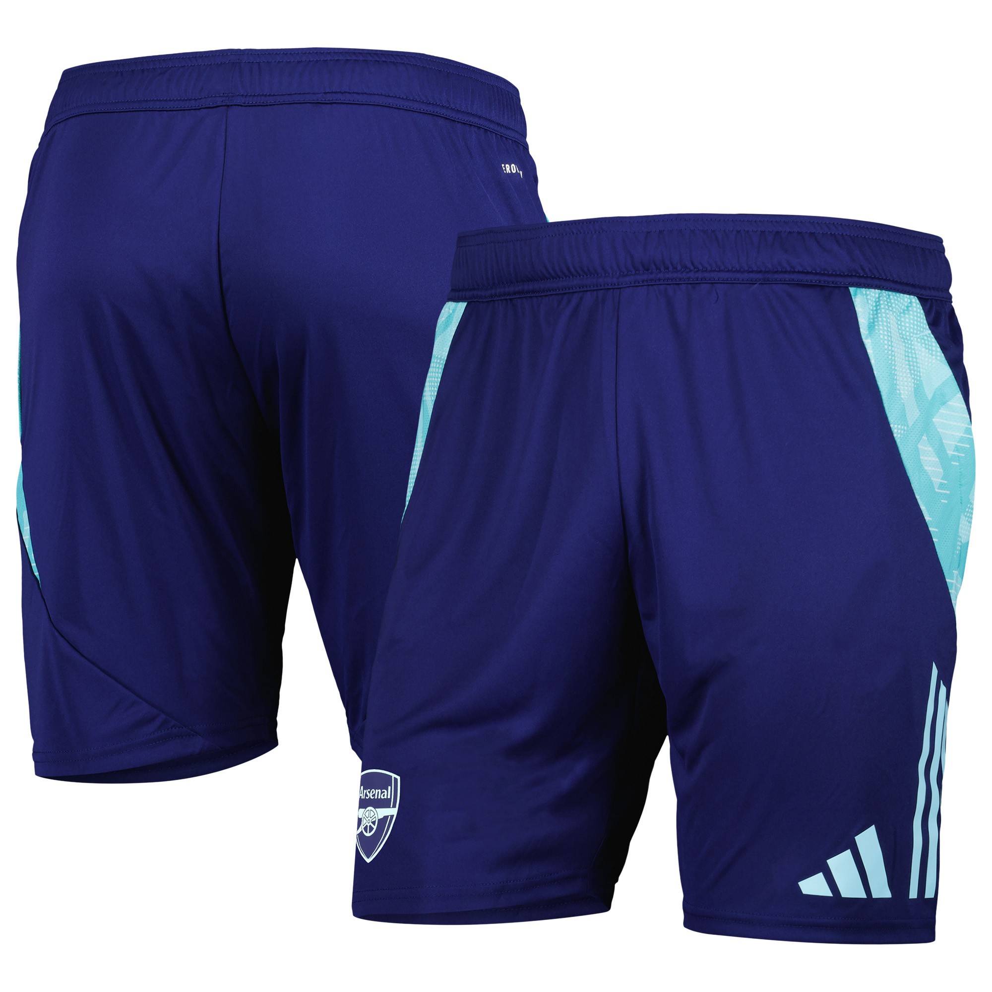 Navy training shorts by Arsenal, featuring a lightweight material, breathable mesh panels, and the Adidas logo with contrasting light blue accents.