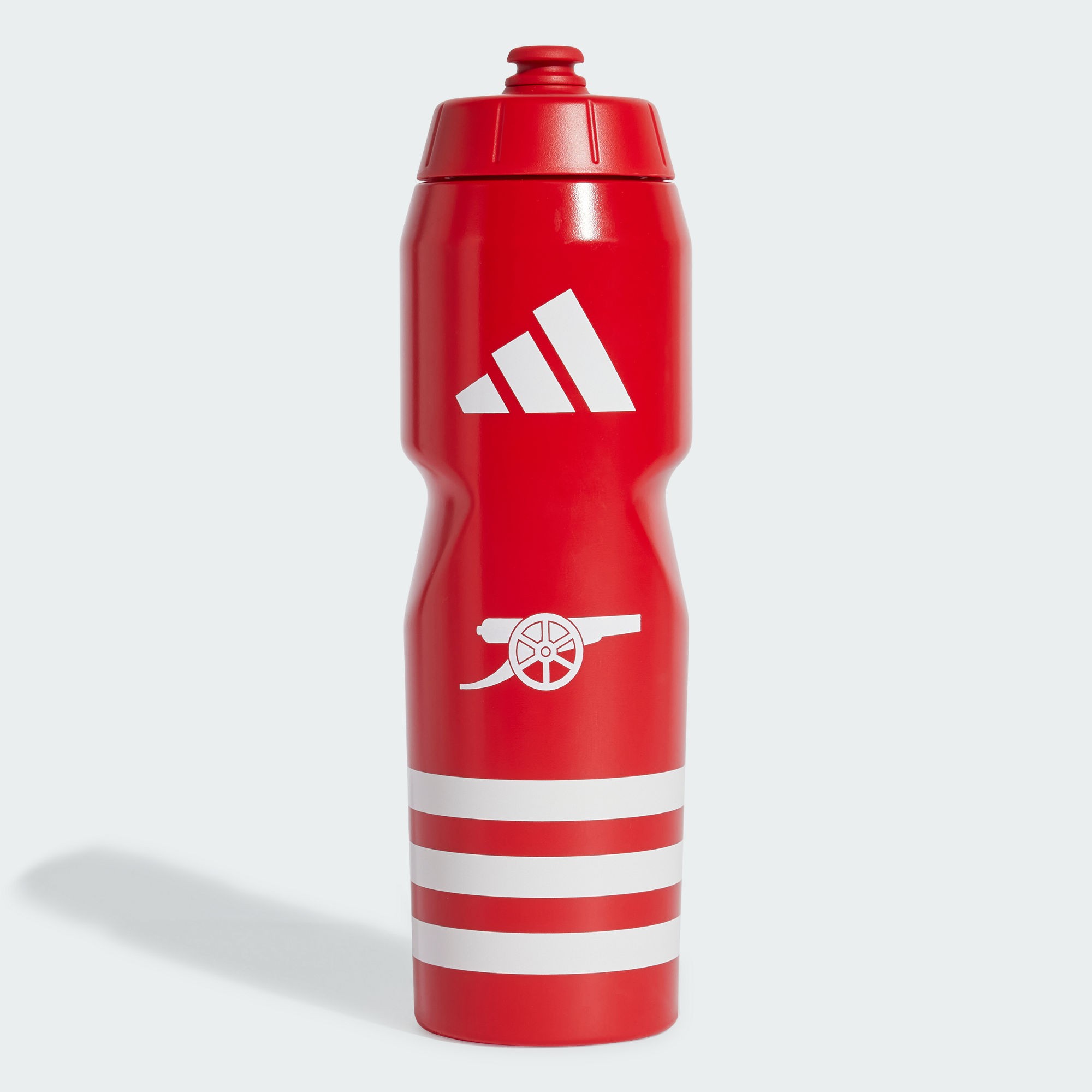 Red Adidas Arsenal home water bottle with a tapered design, featuring a white Adidas logo, Arsenal crest, and three horizontal white stripes at the bottom.