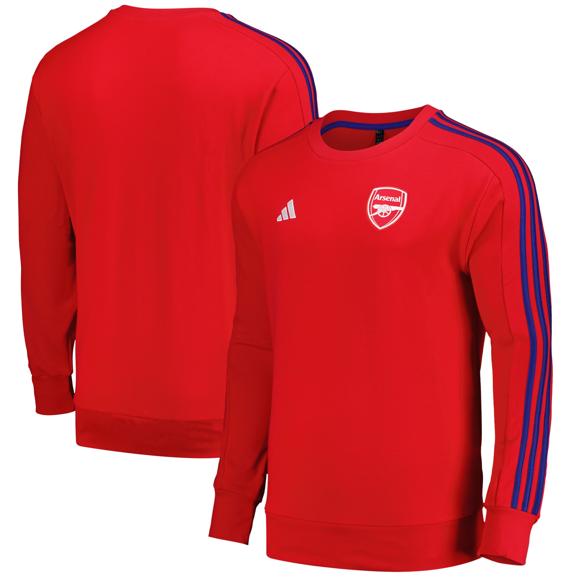 Red Arsenal Adidas DNA sweater featuring a round neckline, long sleeves with blue stripes, and the Arsenal logo on the chest.