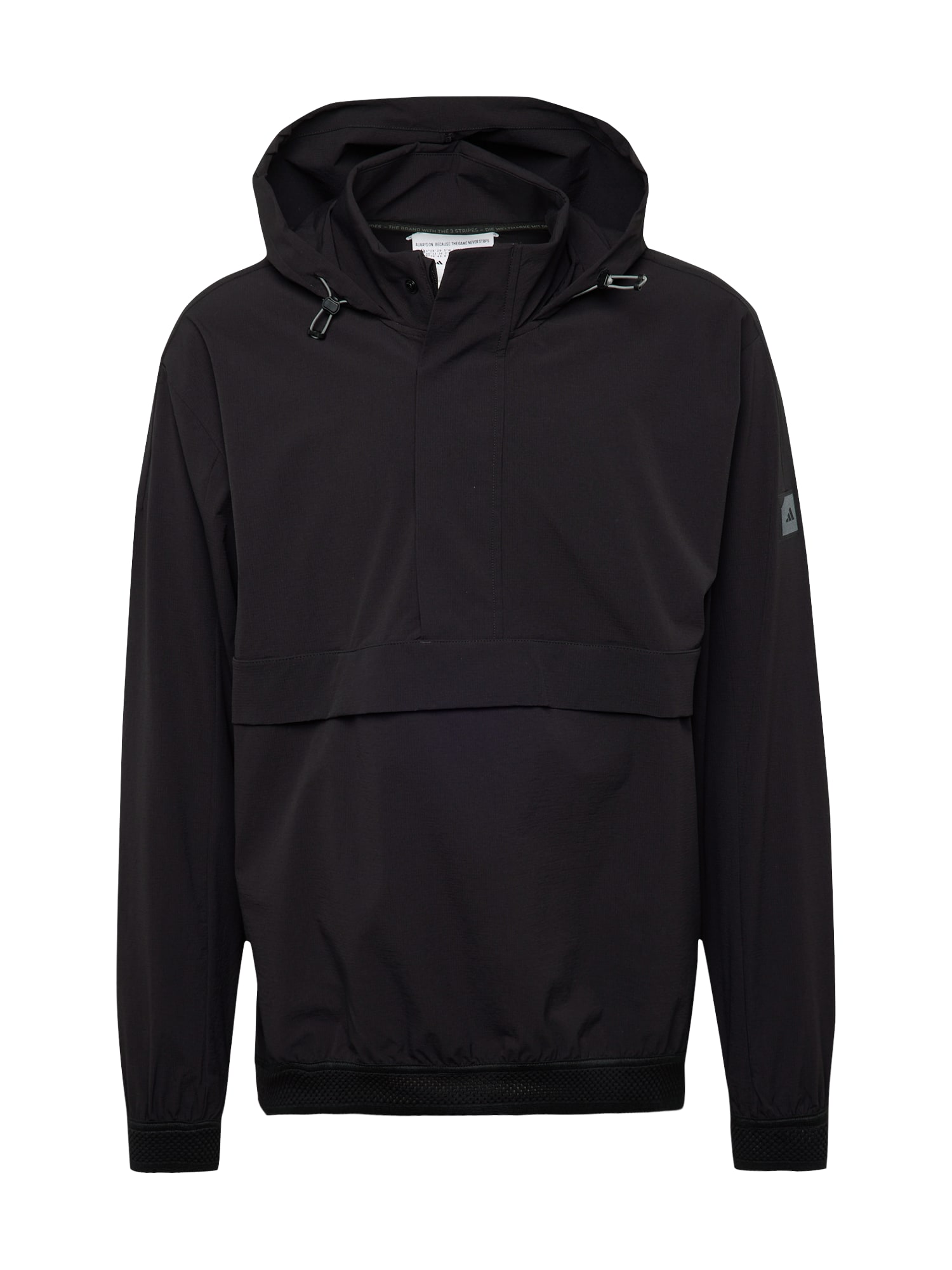 Black Adidas Adicross Anorak pullover in XL, featuring a hood, front pocket, adjustable drawstrings, and elastic cuffs, designed for men's golf wear.