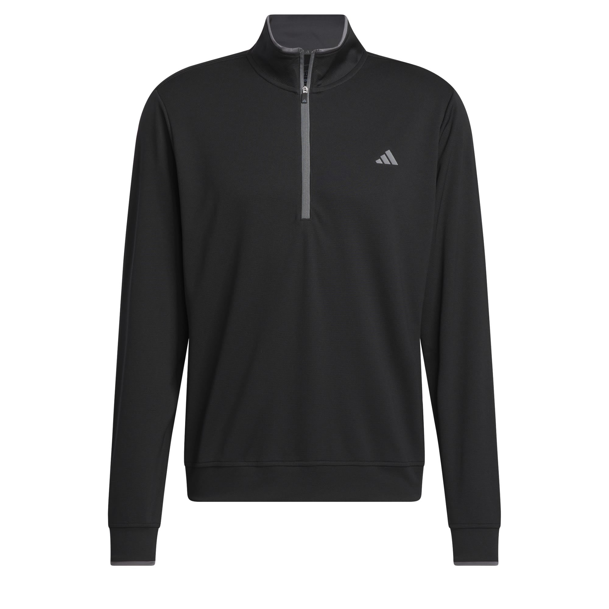 Black lightweight half-zip top featuring a high collar, long sleeves, and a subtle grey Adidas logo on the chest, made from breathable material ideal for active wear.