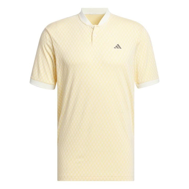 Yellow Adidas Ultimate365 Tour HEAT.RDY polo shirt for men, featuring a textured pattern, a collar with a button, and the iconic Adidas logo on the chest.