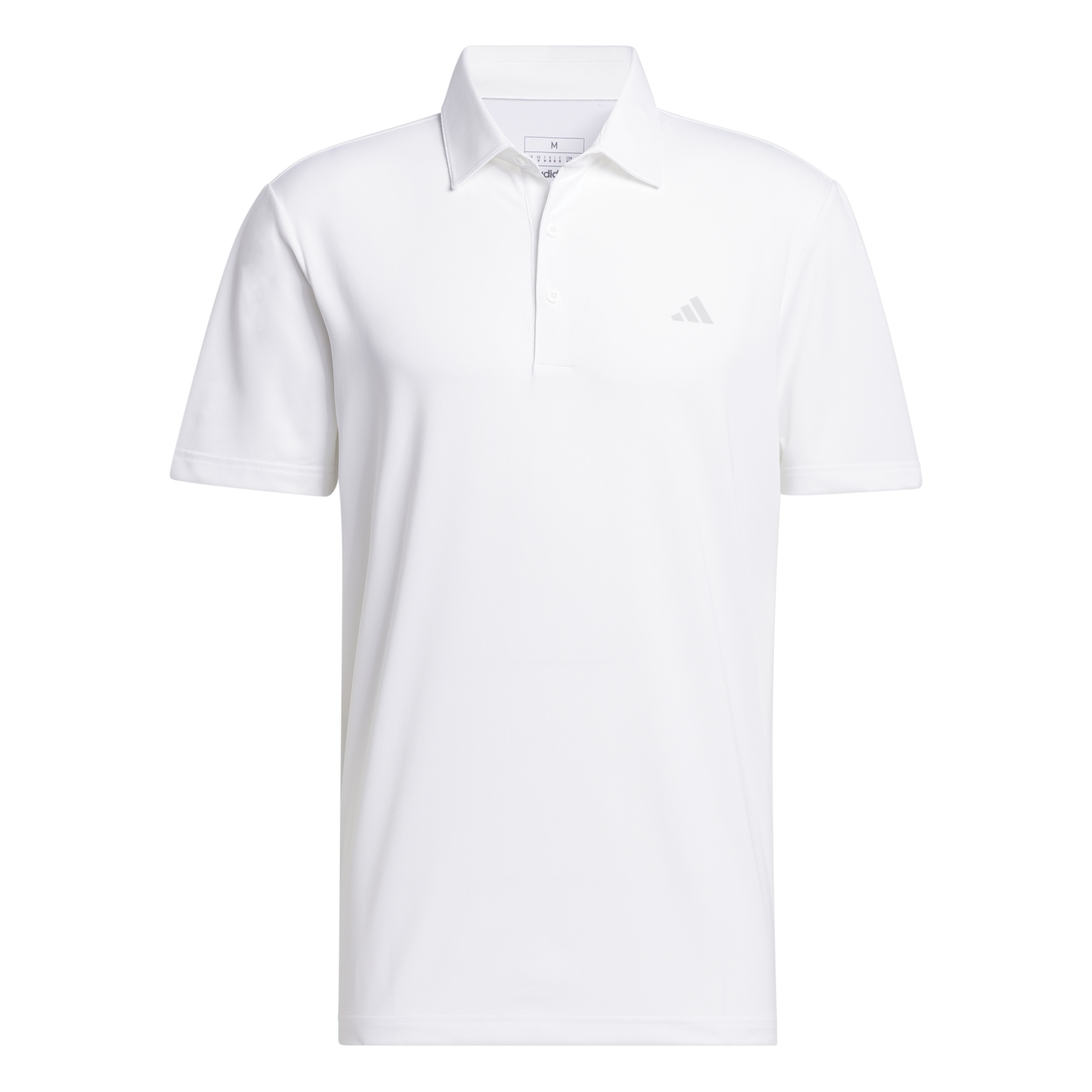 White Adidas Ultimate365 Solid polo shirt featuring a classic collar, short sleeves, and a subtle Adidas logo on the chest, made from breathable material for comfort.