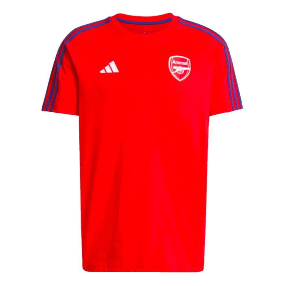 Red short-sleeve T-shirt featuring the Arsenal logo on the chest, with blue striped accents on the shoulders and an Adidas logo on the upper left side.