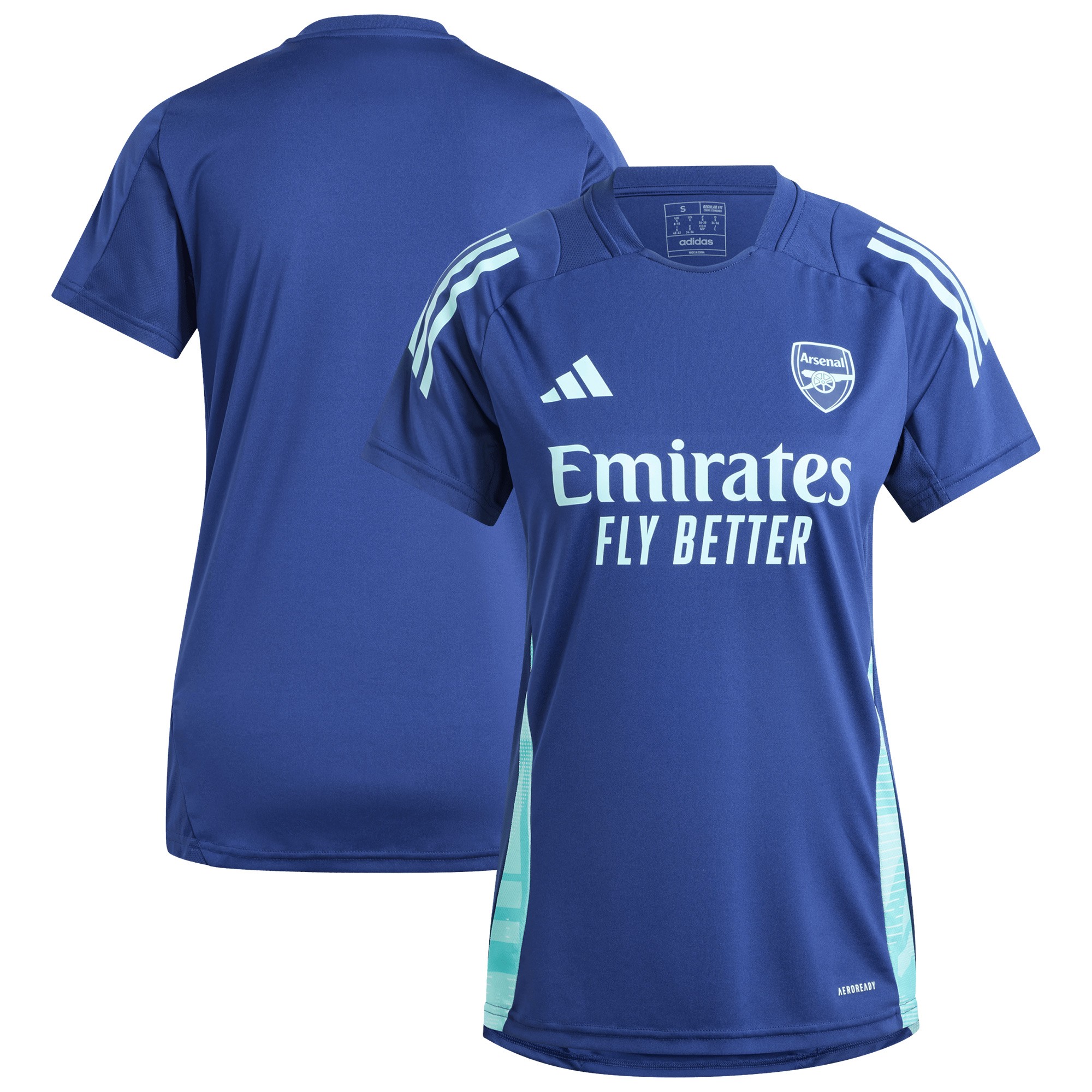Navy blue women's Arsenal Adidas training jersey featuring short sleeves, a round neck, and "Emirates Fly Better" logo on the front, made from breathable material.
